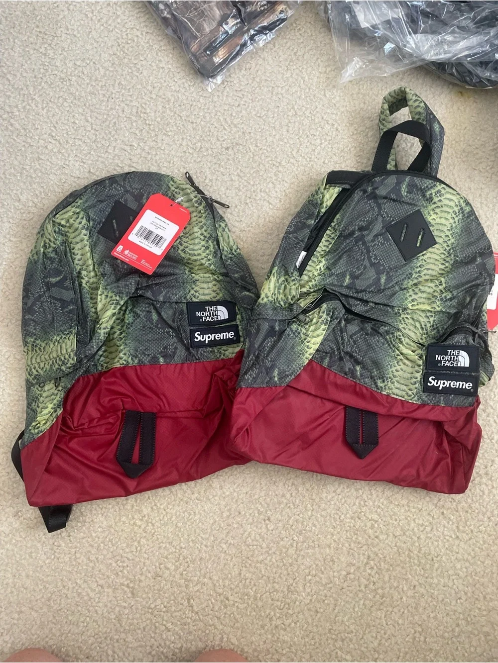 The North Face Green Snakeskin & Red Colorblock Backpack